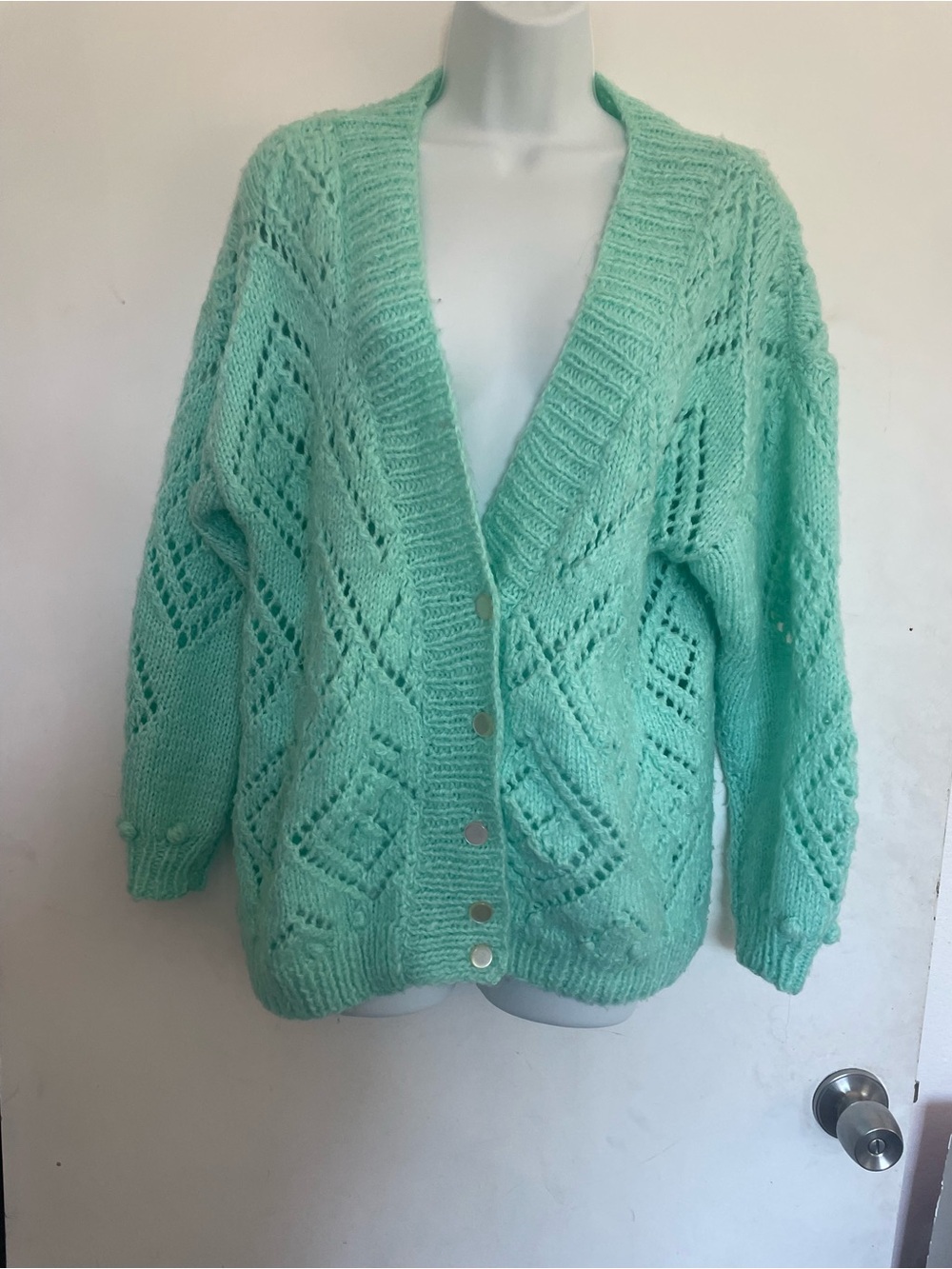 Openwork Knit Button-Front Cardigan - Mint